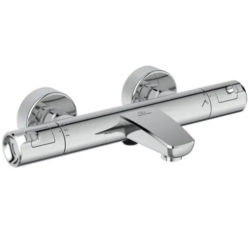 Badethermostat in Chrom von Ideal Standard mit zwei regulierbaren Griffen zur Temperaturkontrolle und Auslauf. Eignet sich für Wandmontage.